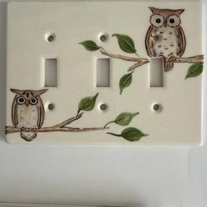 Triple Standard Ceramic Hand Painted Owl Switch Plate