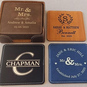 Set of Six (6) Leather Coasters Set | Personalized Coaster Gift for Couple | Custom Coasters with Holder Anniversary Gift Housewarming Gift