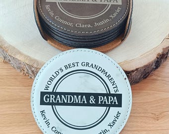Personalized Grandparent Gift: Engraved Leather Coaster with Holder
