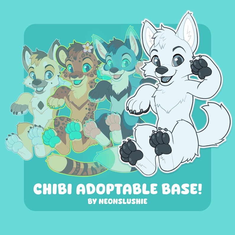 May include: Illustration of four chibi animal characters in various colors, including tan, brown, blue, and white. The image has a teal background with the text "CHIBI ADOPTABLE BASE!" and "BY NEONSLUSHIE".
