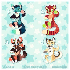 May include: Four cartoon character designs in a sitting pose, each with a unique color scheme and animal-like features. The background is light blue with white stars. Text at the bottom reads "not for free use" and "characters designed by NeonSlushie".