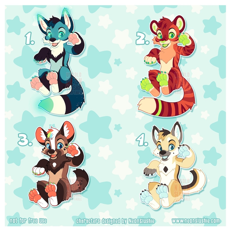 May include: Four cartoon character designs in a sitting pose, each with a unique color scheme and animal-like features. The background is light blue with white stars. Text at the bottom reads "not for free use" and "characters designed by NeonSlushie".