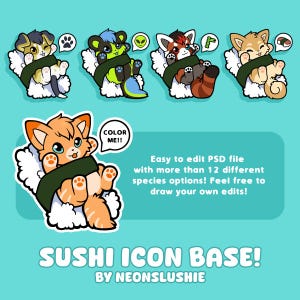 Icono de Chibi Furry Sushi / Plantilla base Pfp / Fácil de colorear Canino, Felino, Ciervo, Perro, Gato grande, Zorro fennec, Dragón