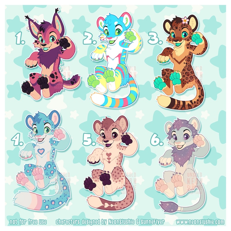 May include: Six colorful cartoon animal characters with various patterns and colors, including pink, blue, and brown. Each character has a unique design, with some featuring stripes, spots, and hearts. The image includes text that reads "not for free use" and "characters designed by NeonSlushie & SunneFlyer".