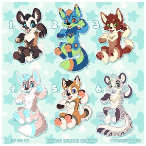 May include: Six cartoon-style furry characters in various colors, including brown, blue, and orange, are featured on a light blue background with stars. Each character has a unique design and pose. Text includes "not for free use" and "characters designed by NeonSlushie."