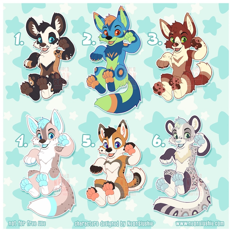 May include: Six cartoon-style furry characters in various colors, including brown, blue, and orange, are featured on a light blue background with stars. Each character has a unique design and pose. Text includes "not for free use" and "characters designed by NeonSlushie."