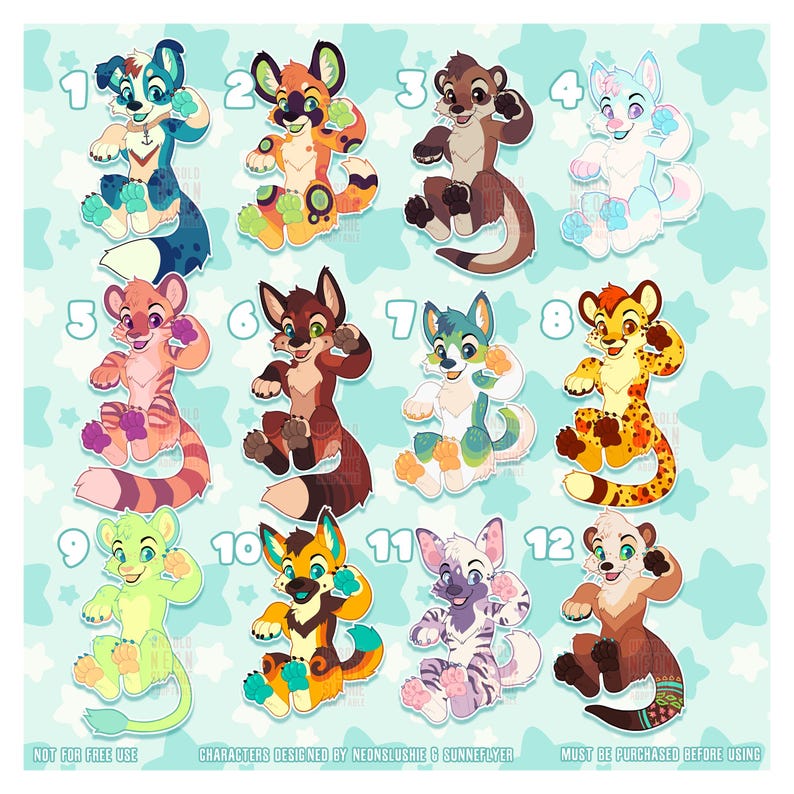 May include: Twelve colorful cartoon animal characters are displayed on a light blue background with white star shapes. Each character has a unique design and color scheme. Text at the bottom reads "NOT FOR FREE USE" and "MUST BE PURCHASED BEFORE USING".