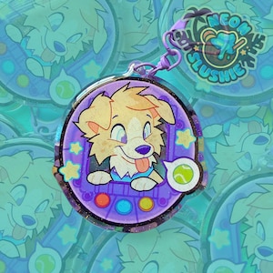May include: A round, purple keychain featuring a cartoon dog with a tennis ball. The dog has tan fur and a blue shirt. The keychain has a purple clasp and a tag that says "Neon Slushie".