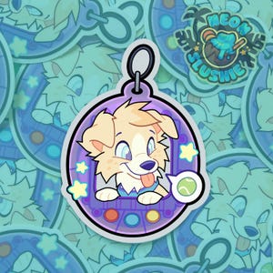 May include: A sticker featuring a cartoon dog inside a purple, handheld game-like device. The dog has tan fur, blue eyes, and a pink tongue. A green tennis ball is next to the dog. The background is a pattern of similar dog illustrations.