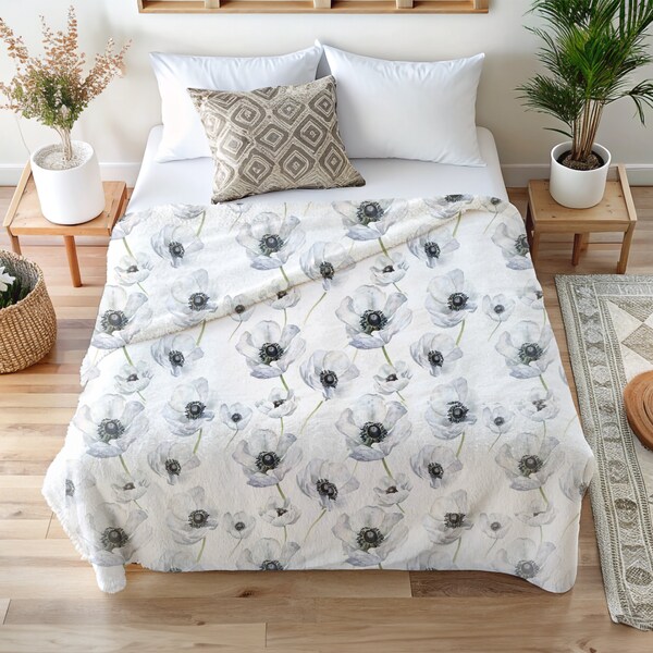 Watercolor White Anemone Flower Velveteen Plush Throw Blanket for Cottagecore Home Decor