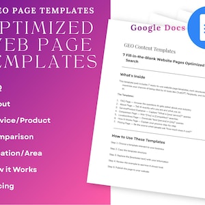 Könnte beinhalten: Das Bild zeigt ein digitales Marketingprodukt mit dem Titel "7 GEO PAGE TEMPLATES OPTIMIZED WEB PAGE TEMPLATES". Es enthält ein Dokument mit dem Titel "GEO Content Templates" und ein blaues Symbol mit einem Dokumentsymbol.