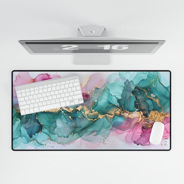 Gold Accented Pink and Aqua Alcohol Ink Painting Desk Mat for Keyboard Mat, Mouse Pad, and Gaming Mat