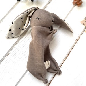 Organic Bunny Infant Lovey, Terry Fleece, Mushroom and Stars in Black, Newborn Baby Gift, Crib Toy, Personalize, Heirloom Keepsake