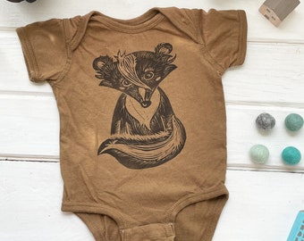 Skunk Infant Clothing, Woodland One-piece, Baby Bodysuit, Hand Printed, Woodland Baby Clothes, Light Brown, Coyote Brown, 100% Cotton Baby