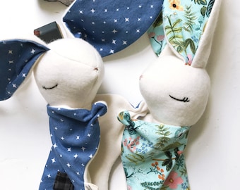 Bunny Lovey, Baby Snuggle, Organic Cotton Fleece, Baby Shower Gift, Select Your Fabric, Personalizable, Floral, Plaid, Gender Neutral