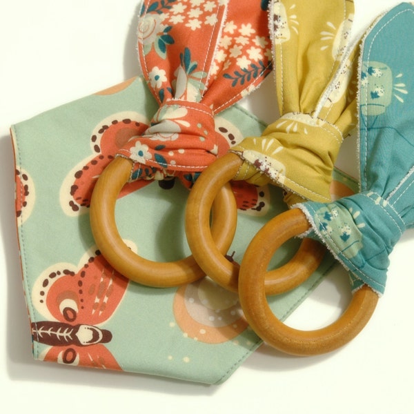 Organic Baby Bib Gift Set / Bandanna Bib Wood Teether / Fort Firefly Moths, Flower Clusters, Jars / Gold, Mineral, Blue, Coral