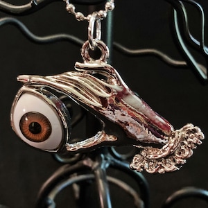 Evil Eye and Hand Necklace, Brown Eye, Silver Tone Hand, 24&quot; Ball Chain, Curse, Protection, Goth, Hippy, New Age,Halloween, 1 3/8&quot; by 2 1/4&quot;