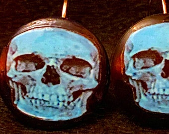Skull Earrings, Blue, Buttons, 3/4" Circles, Dangles, 16mm Lever Backs, Upcycled, Recycled, Goth, Halloween, Mixed Media