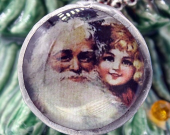 Santa Snowman Children Pendant, Two Sided, Smiles, Vintage Photos, Silver Solder, Glass, 1 1/2" Round, 4mm Ball Chain, FREE US Shipping