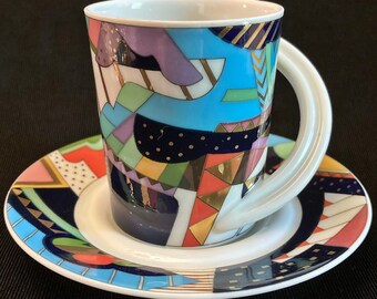 Vintage Rosenthal Continental, Demitasse Cup &Saucer, Bone China, Cafe Galleria, 1990s, Gold Accents, Signed Brigette Doege, Made in Germany