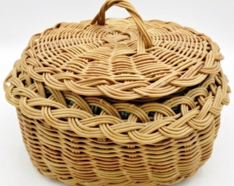 Vintage Sewing Basket, With Lid, Hand Crafted, Lined with Cotton, Fabric, Natural, Rattan, Round Square, Storage, Mending, Bread, Rolls,