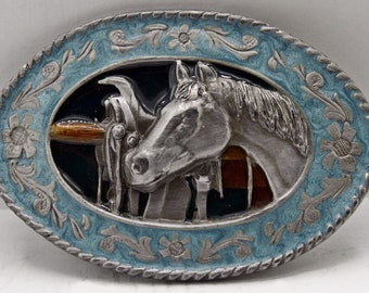 Siskiyou Horse Buckle, Pewter, Blue Enamel, 3 1/2 by 2 1/4, Williams Oregon, 1985, Horse,Saddle, SW1, Country, Cowgirl, FREE US Shipping