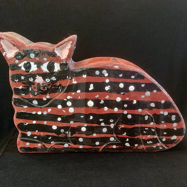 Vintage Folk Art Cat Box, Wood, Primitive, Hand Painted, Black,Red, White, Dots,Stripes, Figural, Tiger Cat, Signed, 7 3/4" by 5" by 1 3/4"