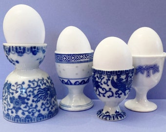 Vintage Egg Cups, Set of 4, Blue and White, Chinoiserie, Breakfast, Easter, Porcelain, Noritake, Japan, Mid Century, Shot Glass, Jello Shots