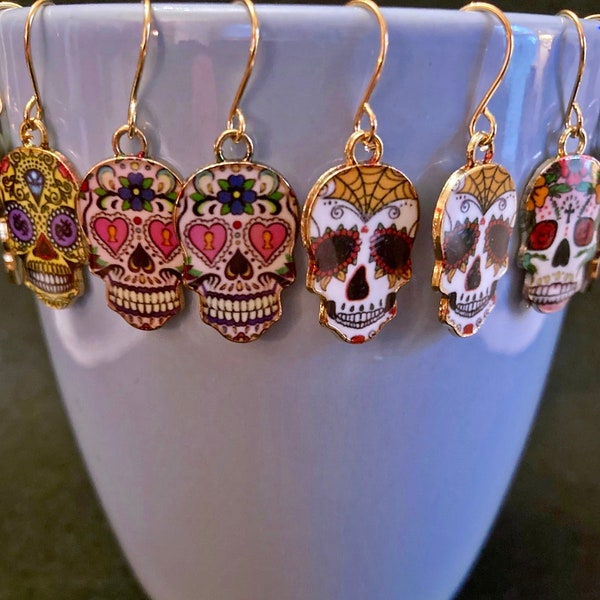 Sugar Skull Earrings, Calavera, Enamel, 7/8", Ear Wires, Dia de los Muertos, Mexican, Latin America, All Saints Day, Halloween, Religious,