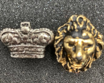 Crown or Lion Ring, Upcycled, Recycled, Clip Earrings, Pewter, Brass and Black, Adjustable, Mid Century, 1950s, King of the Jungle, Royal