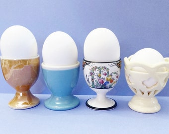 Set of 4 Vintage Egg Cups, Lusterware, Blue, Floral, Cutout, Breakfast, Easter, Porcelain, Japan, England,Austria, Mid Century, Shot Glasses