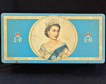 Queen Elizabeth II, Coronation, Souvenir, Tin, June 2, 1953, Meredith & Drew, Ltd, London, England, 9" by 4 1/4' by 2 1/2", Blue and Cream