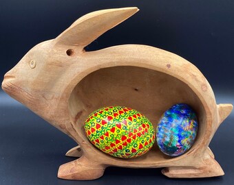 Bunny Bowl, Wood, Folk Art, Hand Carved, 1970s, 10 3/4" by 8", Mexico, Unfinished, Raw Wood, Rabbit, Hare, Conejo, Easter, Spring, Wood Dish
