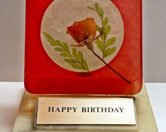 Vintage Rose Lucite and Marble Happy Birthday, Paperweight, Real Flower, Retro, 1970s, Unique, Odd, Bizarre, Special Friend, Gag Gift, Red