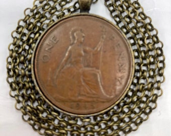 British One Penny Pendant, Boudica, 1945, Celtic Warrior Queen, Copper, Pendant Necklace, 1 1/4 Inch, 24 Inch Antique Bronze Chain