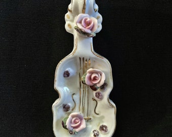 Violin Individual Ashtray, Porcelain, Sculpted Roses, Gold Trim, Japan, Cello, String Bass, Ring Dish, Mid Century, 4 X 1 3/4, White, Pink