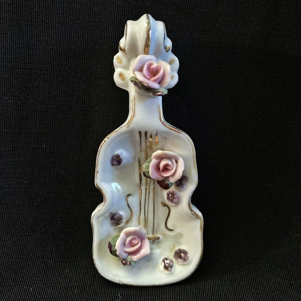 Violin Individual Ashtray, Porcelain, Sculpted Roses, Gold Trim, Japan, Cello, String Bass, Ring Dish, Mid Century, 4 X 1 3/4, White, Pink