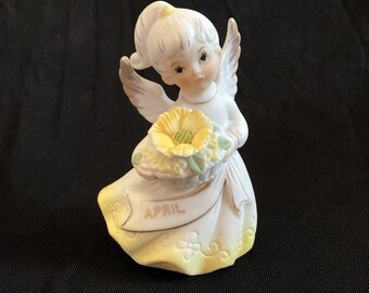 April Birthday Angel, Figurine, Bisque, Gold Trim, Yellow and White, Flower, Wings, No Label, Birthday Girl, Flower of the Month, 1990s