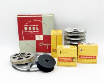 Lot of Vintage Movie FilmThingies, 10 Empty Reels, Mystery 8mm Film, Kodascope Lube Oil, 2 Kodachrome 8mm Movie Film New in Box, Crafting