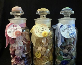 Button Filled Apothecary Jars, "Cute as a Button", Pastel Colors, Pink, Blue, Green, Yellow, Glass, Ground Glass Lids, Vintage Buttons