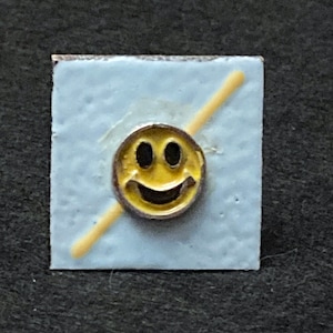 Smiley Face Ring, Blue, Yellow, Adjustable, Happy Face, Enamel, Upcycled, Recycled, Found Objects, Silver Band, 1&quot; by 1&quot;, Enamel on Copper