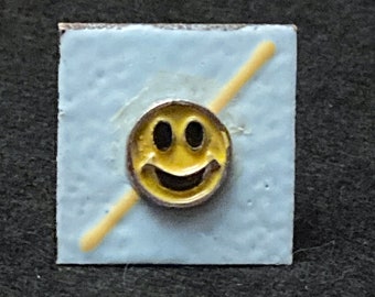 Smiley Face Ring, Blue, Yellow, Adjustable, Happy Face, Enamel, Upcycled, Recycled, Found Objects, Silver Band, 1" by 1", Enamel on Copper