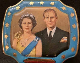 Queen Elizabeth II, Prince Phillip, Opening of St. Lawrence Seaway, Canada Souvenir Tin, George Horner & Co Ltd, Made in England, Blue, Gold