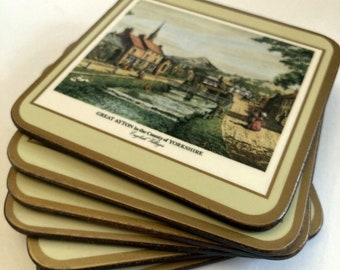 Coasters from the UK, Set of 6, Pimpernel, English Villages, Masonite, Cork Bottoms, 4" x 4", Cottages, Farms, Countryside, England, 1980s