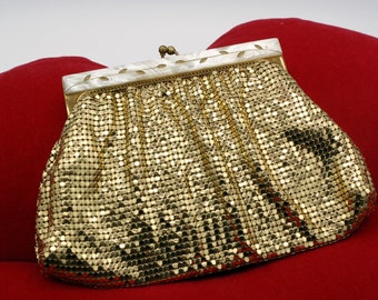 Gold Evening Clutch, Mesh, Mother of Pearl, Bling, Whiting & Davis, Satin Lining, Pocket, Mirror,Ball Clasp, 1940s, 7" by 5", New Year's Eve