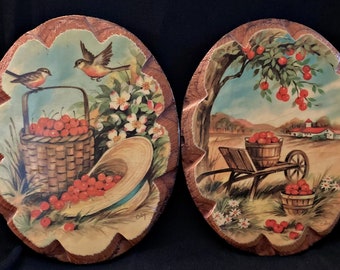 Pair of Vintage Seasons Placques, Home Craft, Autumn, Spring, Apples, Cherries, Harvest, Fall, Farmhouse Decor, Mid Century, Signed by Cody