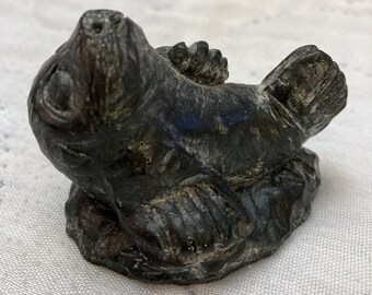 Seal Figurine, Souvenir of Canada, A Wolf Original, Inuit Style, Faux Soapstone,Hand Cast, Marine Animals,Vintage, Gray-black,  2 1/2" by 2"
