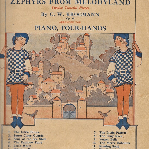 Piano Duets, "Zephyrs From Melodyland", Twelve Tuneful Pieces, Schirmer, New York, 1936, Music Book, Art Deco, Cover Art, Ephemera, Crafts