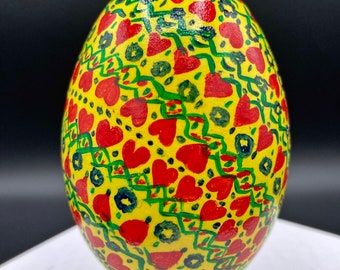 Vintage Folk Art Goose Egg, 3 1/2" by 2 1/2",Hand Painted, Primitive, Red, Yellow, Green, Hearts, Flowers, Vines, Easter Egg, 1980s, Folkart