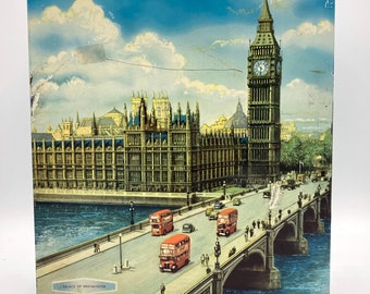 Huntley & Palmers Biscuit Tin, Westminster Palace, London, England, Parliament, Big Ben, Double Decker Buses, River Thames, 10 1/2" x 8 1/4"